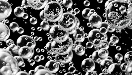 Poster - Small round air bubbles in transparent liquid soda against dark backdrop. Bubbles vary in size and seem to float freely