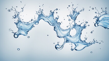 Poster - Water splash, with many droplets and a larger wave-like shape, frozen in mid-air against a light grey background