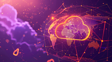 Poster - Digital cloud on in neon lights. Serverless technology on hybrid cloud network with modern digital infrastructure equipment. Concept Serverless Technology, Digital Infrastructure, web storage
