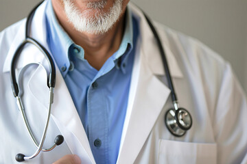 Doctor's appointment. Doctor is wearing a white coat, with stethoscope on his shoulders. His face is not visible.