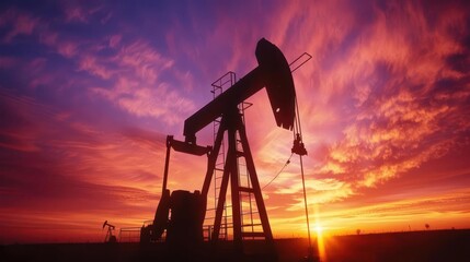 silhouette of an oil pump jack against a dramatic sunset sky rich oranges and purples painting the horizon symbolizing energy industry