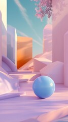 Poster - A blue ball is placed in the middle of a pink and orange cityscape