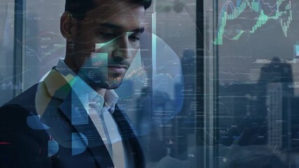 Poster - A businessman, wearing a suit and tie, stands before a large window, a double exposure showcasing a cloud computing icon. The image is dark and atmospheric.
