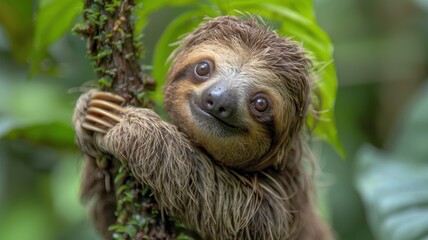 Wall Mural - Adorable Sloth Clinging to Tree in Lush Greenery, Close-Up of Cute Animal in Natural Habitat, Wildlife Photography, Nature and Conservation, Tropical Rainforest, Endangered Species