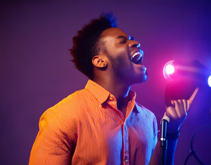 Poster -  African-American Musician Singing in Neon Light- A dynamic portrait of an African-American _1(12)