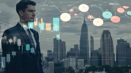 Poster - A businessman in a suit stands against a backdrop of a modern cityscape with an overlay of financial charts in a double exposure effect.