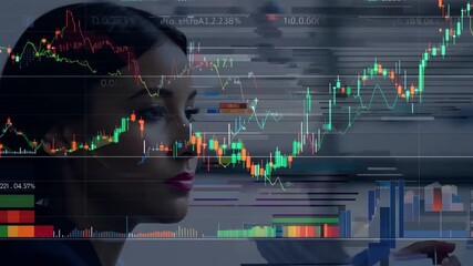 Poster - A woman's profile is layered over a stock market chart on a computer screen, showing a pattern of fluctuating prices in the photo