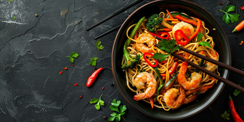 Wall Mural - Stir fry noodles with vegetables and shrimp in a bowl. Dark slate background.