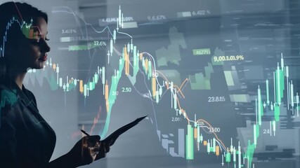 Poster - A woman in a suit in an office looks at a tablet, with stock charts overlaid on her, emphasizing the importance of financial data analysis