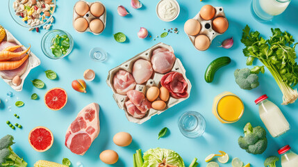 Wall Mural - A flat lay of various food items including eggs, meat and milk on a blue background.