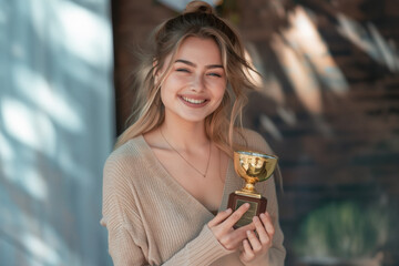 A young woman with a radiant smile and curly hair holds a golden cup against a backdrop of autumn leaves. Her warm clothing and cheerful expression reflect the joy of the season.