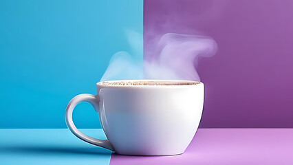 Create an image of a white coffee cup filled almost to the brim with coffee, with steam rising visibly above the cup