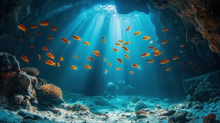 Canvas Print - Sunlight Illuminates Underwater Cave with Fish