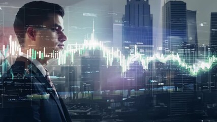 Poster - A businessman in a suit stands in profile, looking out at a city skyline. Stock market data is overlaid over the scene, creating a double exposure effect.