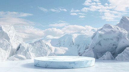 Poster - A large, empty, white stage with a mountain backdrop