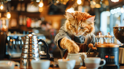 Wall Mural - A cat is wearing a shirt and apron and is working at a coffee shop