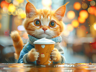 Wall Mural - A cat wearing a sweater and holding a coffee cup