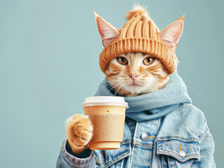 Wall Mural - A cat wearing a hat and a blue jacket holding a cup