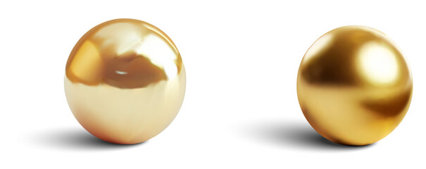 Aufkleber - A realistic 3D illustration of two golden spheres with reflective surfaces, isolated on a white background. Ideal for designs related to luxury, decoration, and minimalism.