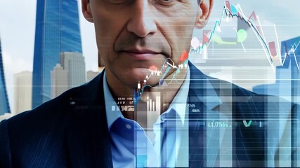 Poster - A serious businessman in a suit and blue shirt faces the city skyline, creating a double exposure effect. He looks down at something out of frame