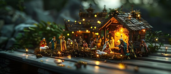 A beautifully detailed nativity scene set on a wooden table with intricate figures and a warm glow from tiny lights illuminating the scene