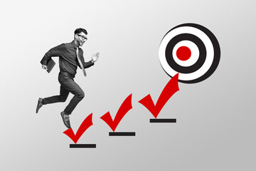 Poster - Composite artwork creative photo collage of happy excited businessman run on career ladder achieve goals isolated on gray color background