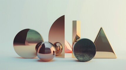 Poster - A minimalist composition of geometric shapes, each rendered in a different metallic shade, creating a sense of depth and dimension.