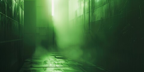 Poster - A dimly lit hallway with a green light shining from outside, creating an eerie atmosphere