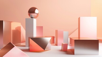 Poster - a minimalist composition of geometric shapes, each rendered in a different metallic shade, creating 