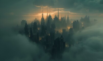 Wall Mural - Enchanted city in the clouds, buildings hovering gracefully, sky melting into an ocean of light tones