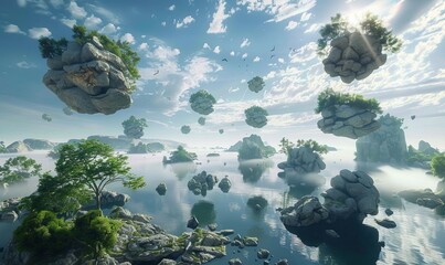 Wall Mural - Illusionary landscape with rocks and rivers suspended, the sky painted with soft, flowing light, creating a surreal ambiance