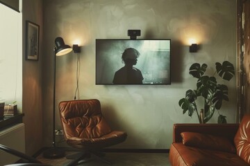 Aufkleber - A cozy living room with a brown leather chair and flat screen TV