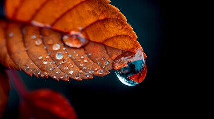 Canvas Print - Close-up of a brown leaf with dew droplets, detailed nature macro. In each drop, reflections add depth and beauty. Ideal for nature, gardening, or serene backgrounds. AI