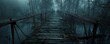 ©  Shahr Bano - A spooky abandoned bridge with rusted railings and rotting wooden planks spanning a dark foggy river The bridge seems to lead into the unknown adding to the sense of dread