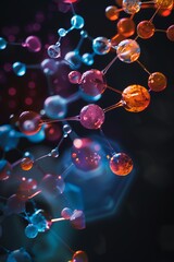 Colorful molecular structure, interconnected spheres, dark background, scientific illustration