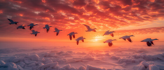 4k aerial wide view flocks of birds are flying over the earth's north pole area of photographs refle
