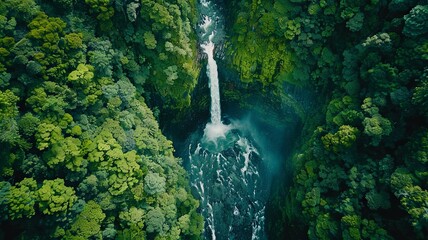 Poster - Aerial View of a Lush Waterfall in a Tropical Rainforest - An aerial view of a stunning waterfall cascading through a dense tropical rainforest, symbolizing nature's beauty, tranquility, adventure, wi