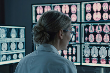 Neurologist woman in a white lab coat against the background of MRI with monitors displaying medical images brain. Back view