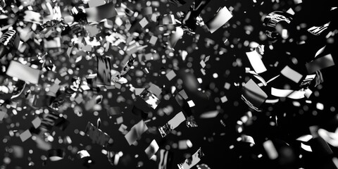 Poster - A black and white photo of confetti scattered on the ground, perfect for use in celebrations, parties or events