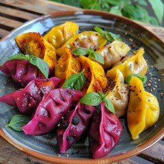 Sticker - Vibrant colored dumplings on a ceramic plate showcasing culinary creativity. Close-up food photography capturing fresh and delicious handmade dumplings. 