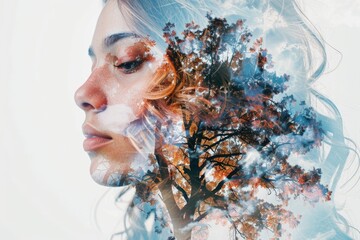 Poster - A woman with long hair standing near a tree, perfect for editorial or creative uses