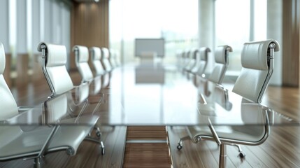 Poster - A modern conference room with a glass table and chairs, ideal for business meetings and presentations