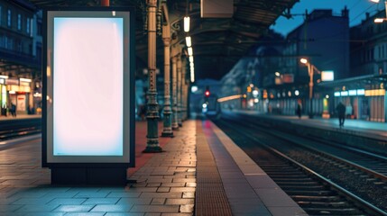 Poster - A train station with a blank billboard on the platform, suitable for use in travel or transportation themed designs