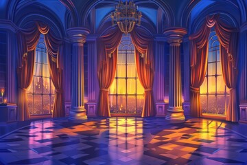Poster - A cozy living room with a grand chandelier and comfortable furniture