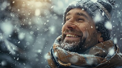 Poster - Happy Man Enjoying Winter Snowfall - A man wearing a winter hat and scarf smiles joyfully as snowflakes fall around him. The image evokes feelings of happiness, warmth, and winter wonder.