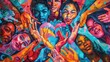 © Manita - A vibrant mural of diverse faces and hands coming together in a heart shape, Unity, Bright colors, Digital painting, showcasing the power of inclusivity and love