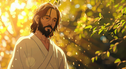 Wall Mural - Jesus Christ in white robes with brown hair and beard, front view