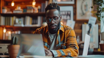 Wall Mural - A young man in a yellow plaid shirt works intently on his laptop in a cozy, rustic office setting.  