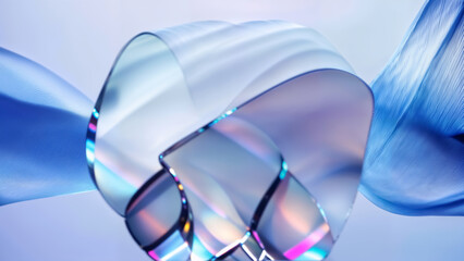 Wall Mural - Abstract background with glowing 3D grid waves, geometric square cube, reflective material glass with motion blur effect, blend of vibrant color shapes