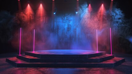 Canvas Print - Neon Lights and Smoke Stage for Product Display - A futuristic stage with neon lights, smoke, and a concrete platform, symbolizing innovation, technology, energy, mystery, and futuristic design.